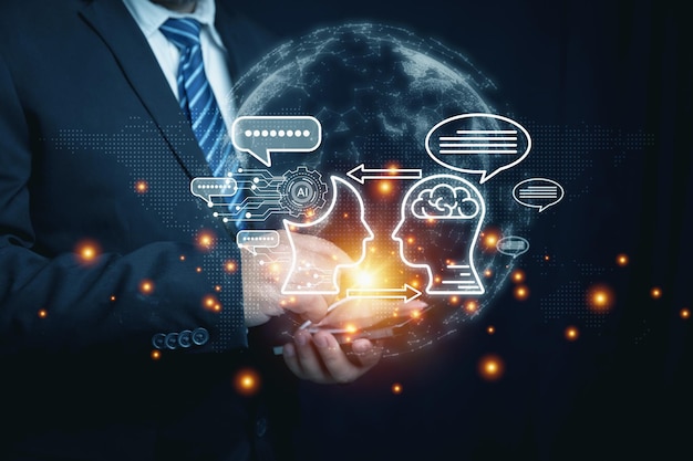 Asistente virtual en Internet Businessman usa un teléfono inteligente Chatbot conversación AI o tecnología de inteligencia artificial en línea Aplicación de robot chatbot digital Tecnología futurista