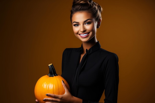 Asistente de vuelo con una calabaza de Halloween sobre un fondo sólido con espacio vacío para texto