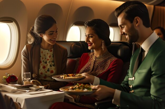 Asistente de vuelo ofreciendo comida y bebida a los pasajeros de un avión.