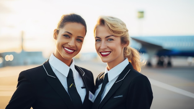 Asistentes de vuelo en el fondo de un avión de pasajeros