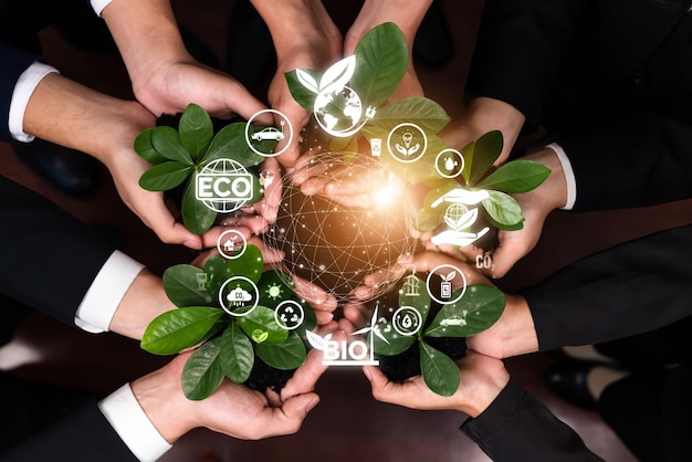 La asociación empresarial que nutre o crece la planta junto con el icono de carbono simboliza la protección ambiental sostenible de ESG con tecnología ecológica y solución de crédito de carbono para un futuro neto cero Reliance