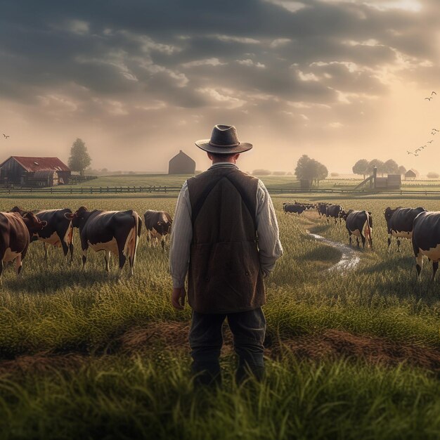 Asociación pastoral cuidando la tierra con el granjero y la vaca