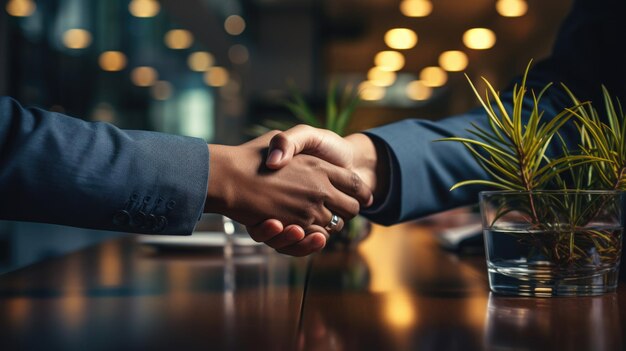 Foto la asociación de personas de negocios sénior estrechando la mano después de la entrevista de trabajo de negocios en el edificio de oficinas