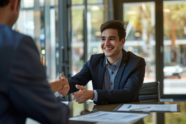 Asociación Sonriente empresario masculino dando la mano por apretón de mano a la mujer en la oficina