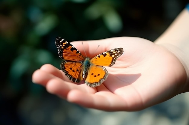 Asombro por la naturaleza Las manos de una joven sosteniendo una hermosa mariposa naranja