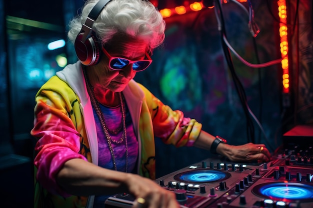 Asombrosa abuela DJ señora mayor DJ y fiesta en un entorno de discoteca