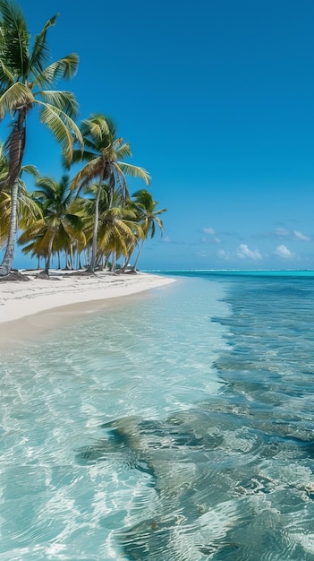 Asombrosa agua cristalina y playa de arena blanca con palmeras