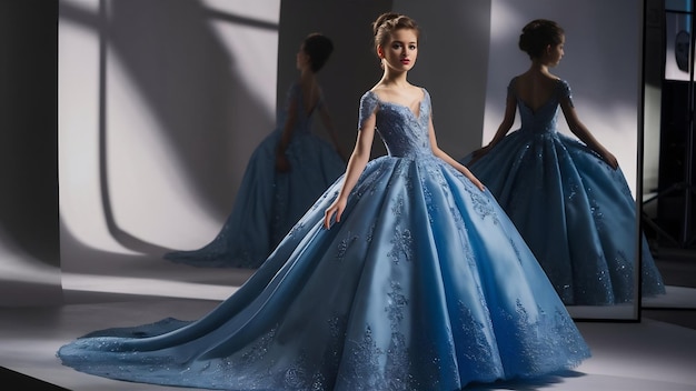 Asombrosa joven modelo en elegante vestido de noche azul posando en el estudio