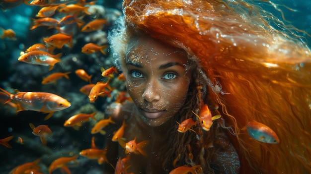 Asombrosa mujer afroamericana con cabello rojo bajo el agua en el océano con peces
