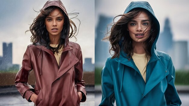 Foto asombrosa mujer joven vestida con impermeable