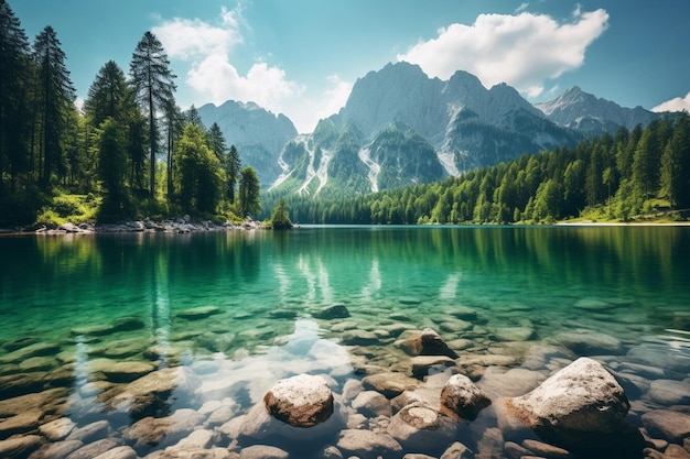 Foto asombrosa vista del lago fusine con el pico de mangar en el fondo