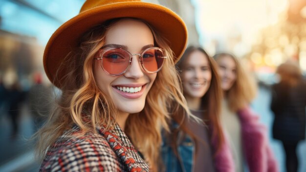 Foto asombrosas fashionistas de la ciudad capturando la esencia del paisaje urbano con sonrisas brillantes