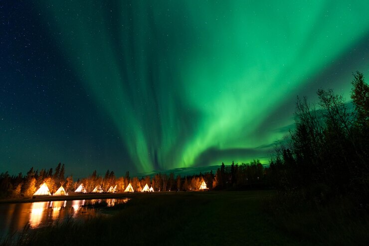 Asombrosas luces del norte bailando sobre las luces de Tipi o Tepees en la aldea Aurora en Yellowknife
