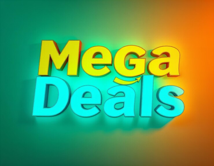 Foto asombrosas mega ofertas en texto multicolor en negrita con brillo metálico holográfico