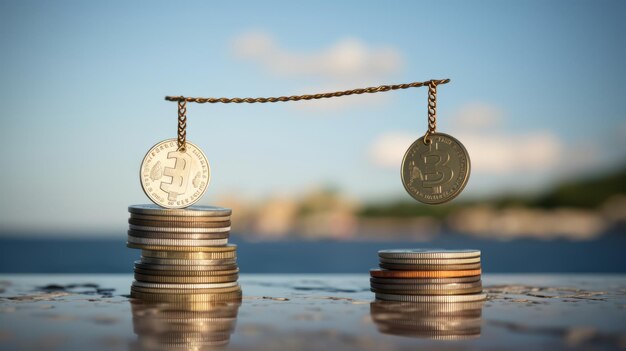 Foto el asombroso acto de equilibrio 2 monedas de euro y una de dólar suspendidas en el cielo en una cuerda ar 169