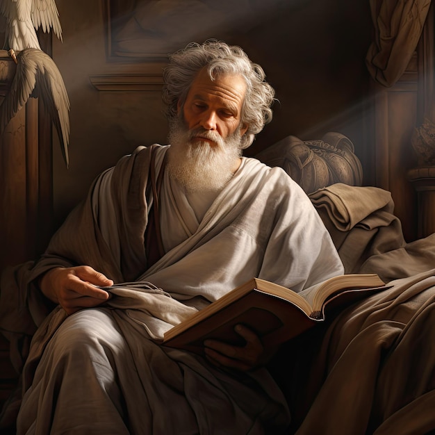 Asombroso discípulo de Jesús sentado en una habitación pintando con óleo el fondo ilustración fotorrealista