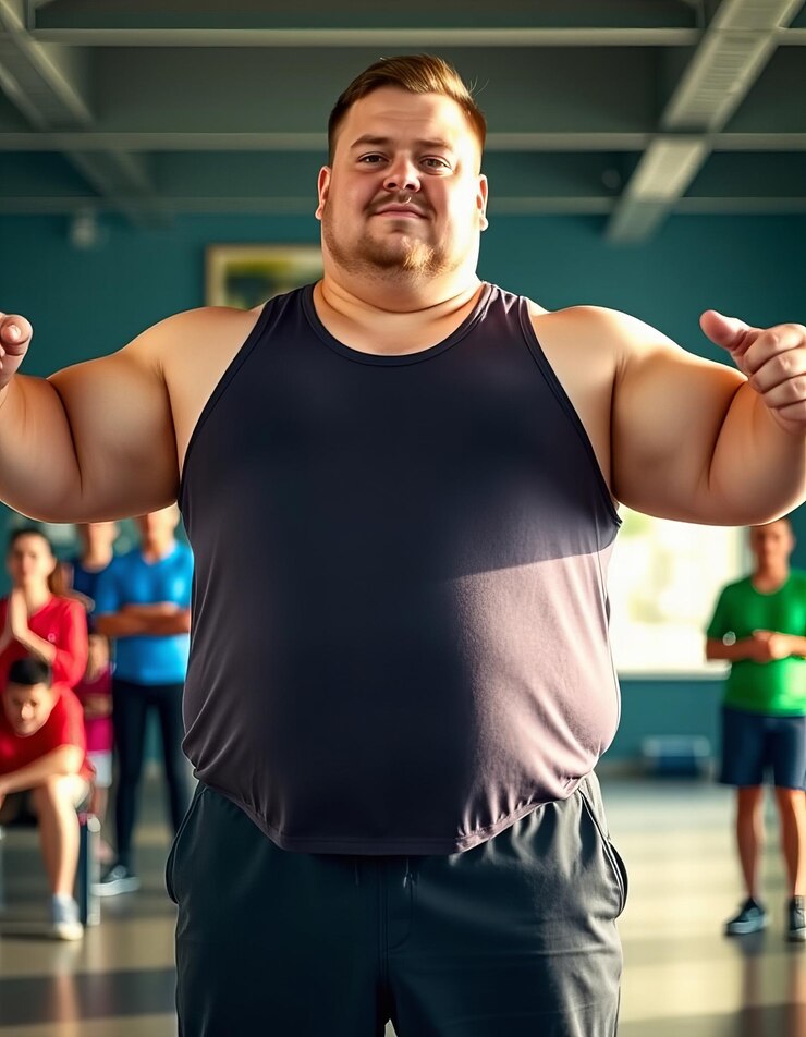 Asombroso hombre confiado en su tamaño en trajes de entrenamiento de moda en un taller de salud