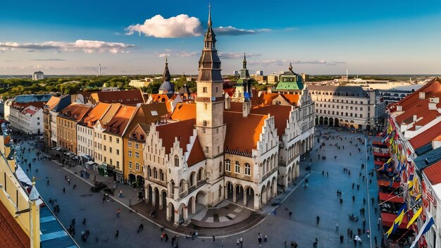 Asombroso horizonte aéreo de la plaza del ayuntamiento de Tallin con la antigua plaza del mercado de Estonia