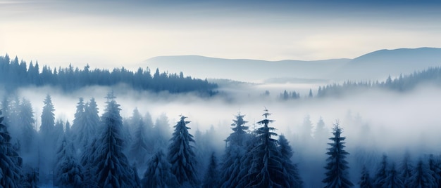 Asombroso místico aumento niebla cielo bosque nieve árboles nevados