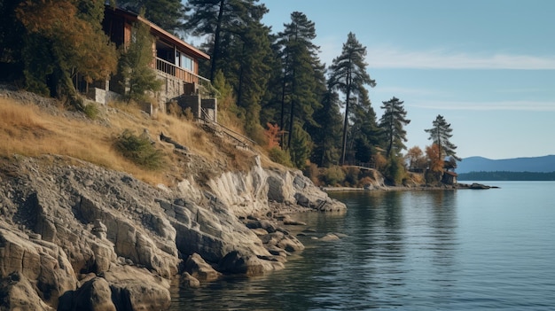 El asombroso Vray rastreando una casa serena en una costa rocosa