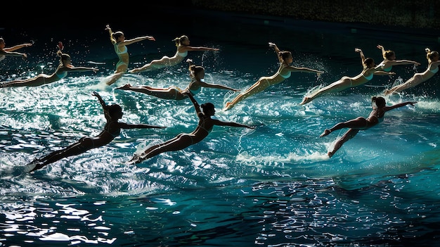 Foto asombrosos nadadores sincronizados parecen estar volando por el aire en una graciosa y poderosa exhibición de atletismo y belleza.
