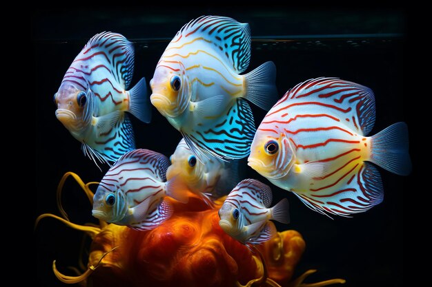 Foto los asombrosos peces harmony discus criando con sus adorables crías en un acuario de 32