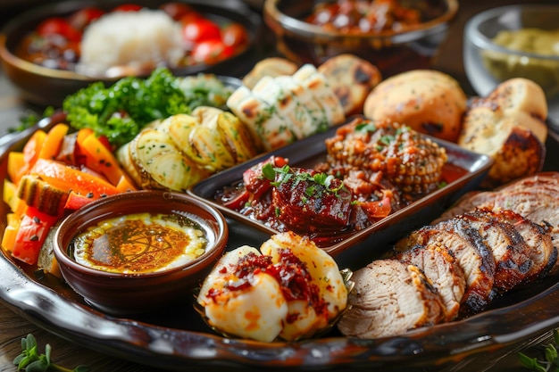 Asortada cocina internacional con carnes a la parrilla verduras arroz y salsas en madera