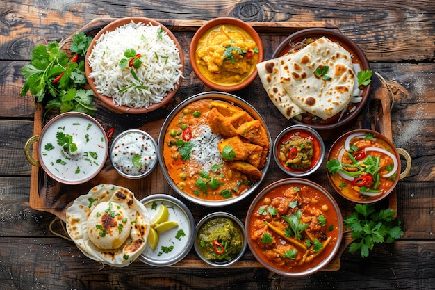 Asortimento de cocina tradicional india Varios platos de curry con arroz y pan naan en el rústico