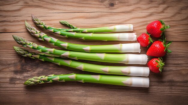 Aspargos brancos e verdes com morangos em mesa de madeira