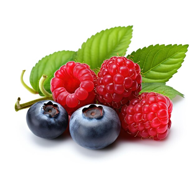 Aspberry mit Blaubeere Wildbeeren isoliert mit Blättern auf weißem Hintergrund