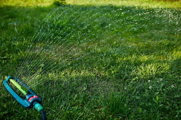 Aspersor de jardín oscilante rociando agua sobre la hierba verde en el patio de la casa, verano o primavera