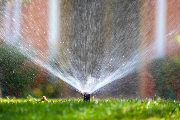 Aspersor de plástico que riega el césped con agua en el jardín de verano. Regando la vegetación verde cavando la estación seca para mantenerla fresca.