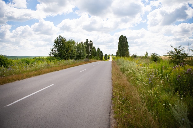 Asphalt flache Straße zwischen ländlichen Feldern. Sommer, sonniger Tag, schöner Himmel.