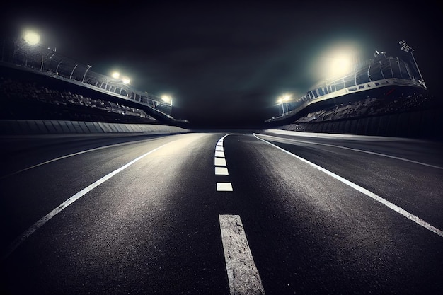 Foto asphaltrennen bei nacht die ziellinie und beleuchtetes sportstadion generative ki