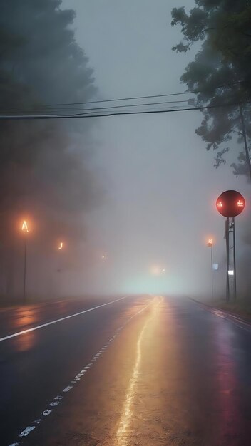 Asphaltstraßenoberfläche mit leuchtendem LED-Ring und nebligem Nebel