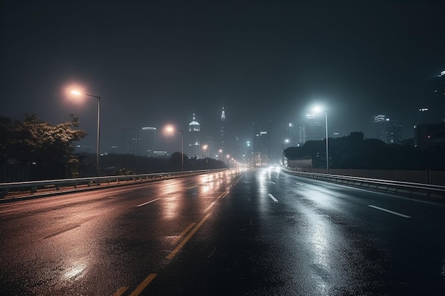 Asphaltstraßenseite mit wunderschöner Nachtszene der Skyline der Stadt Kuala Lumpur