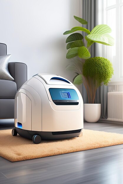 La aspiradora moderna blanca es un robot que trabaja limpiando con la aspiradora el piso de granito del salón el sofá gris