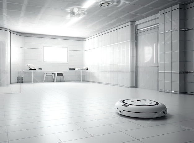 La aspiradora robot blanca limpia el piso de los escombroslimpieza del hogar con una aspiradora eléctricatecnología de limpieza de robot eléctrico de aspiradoravista superior de una aspiradora robot