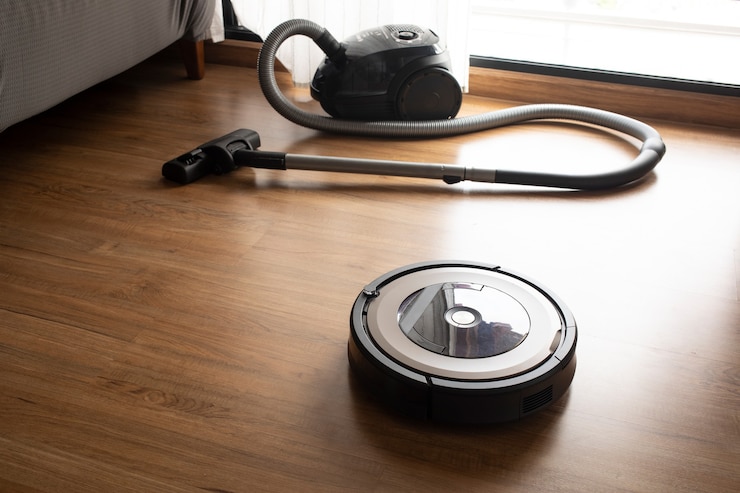 Foto aspiradora con robot en el piso