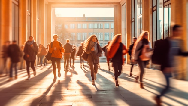 Aspirantes acadêmicos navegando pelos corredores da escola ao nascer do sol