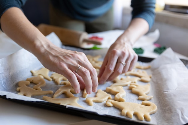 Assando biscoitos, uma mulher coloca massa crua em forma de dinossauros em uma assadeira