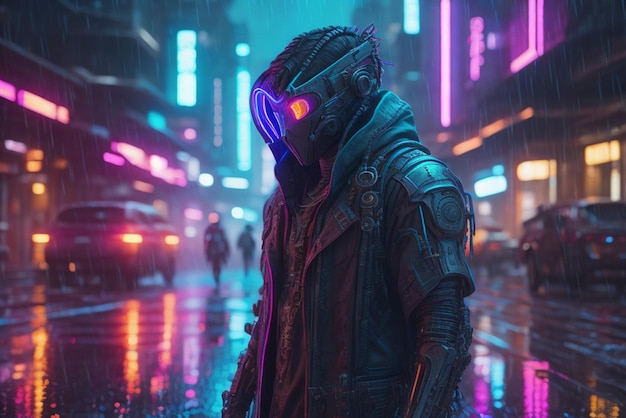 Assassino mascarado cyberpunk futurista meio ciborgue andando de motocicleta gerada por IA