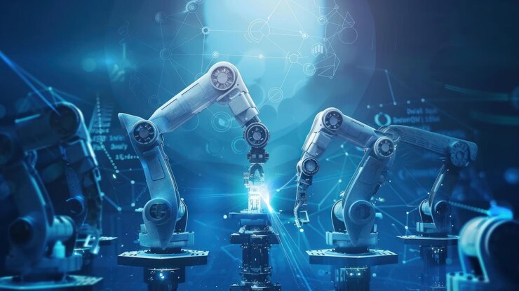 Assemblagem de braços robóticos em sobreposição digital de fábrica global