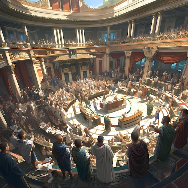 Assembleia grega antiga Renderização 3D de um Senado em uma Arena semelhante ao Coliseu