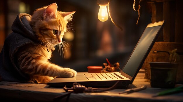 Foto assento de gatinho vermelho perto do computador