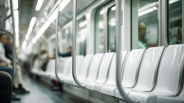 Assento de metrô em close-up com passageiros desfocados no fundo Gerado por IA