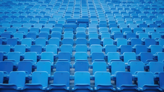 Assentos azuis das tribunas da tribuna no estádio esportivo conceito de arena externa vazia de cadeiras de fãs para o público ambiente cultural conceito cor e simetria assentos vazios estádio moderno
