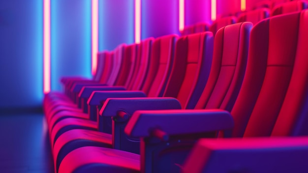 Foto assentos de cinema vermelhos com iluminação de néon azul e roxo