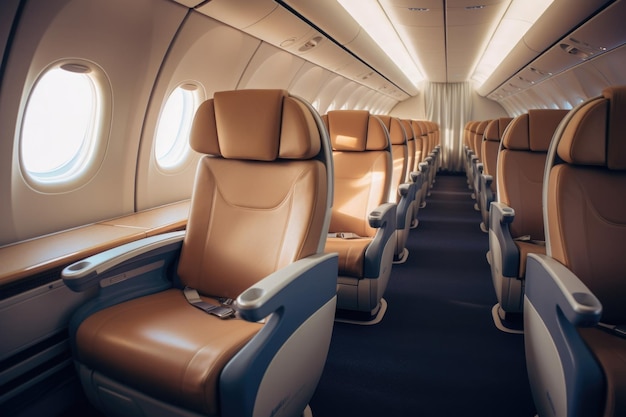 Assentos de passageiros vazios na cabine da aeronave Classe executiva interior do avião no transporte comercial