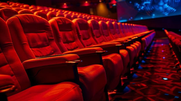 Foto assentos modernos e confortáveis de couro vermelho em um cinema com iluminação ambiente vermelha e azul